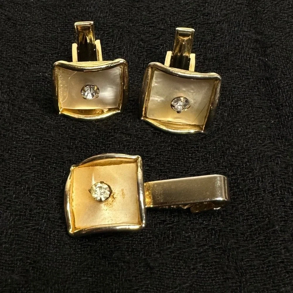 Vintage Gold Tone Cufflinks Tie‎ Bar Set MOP Rhinestone Square